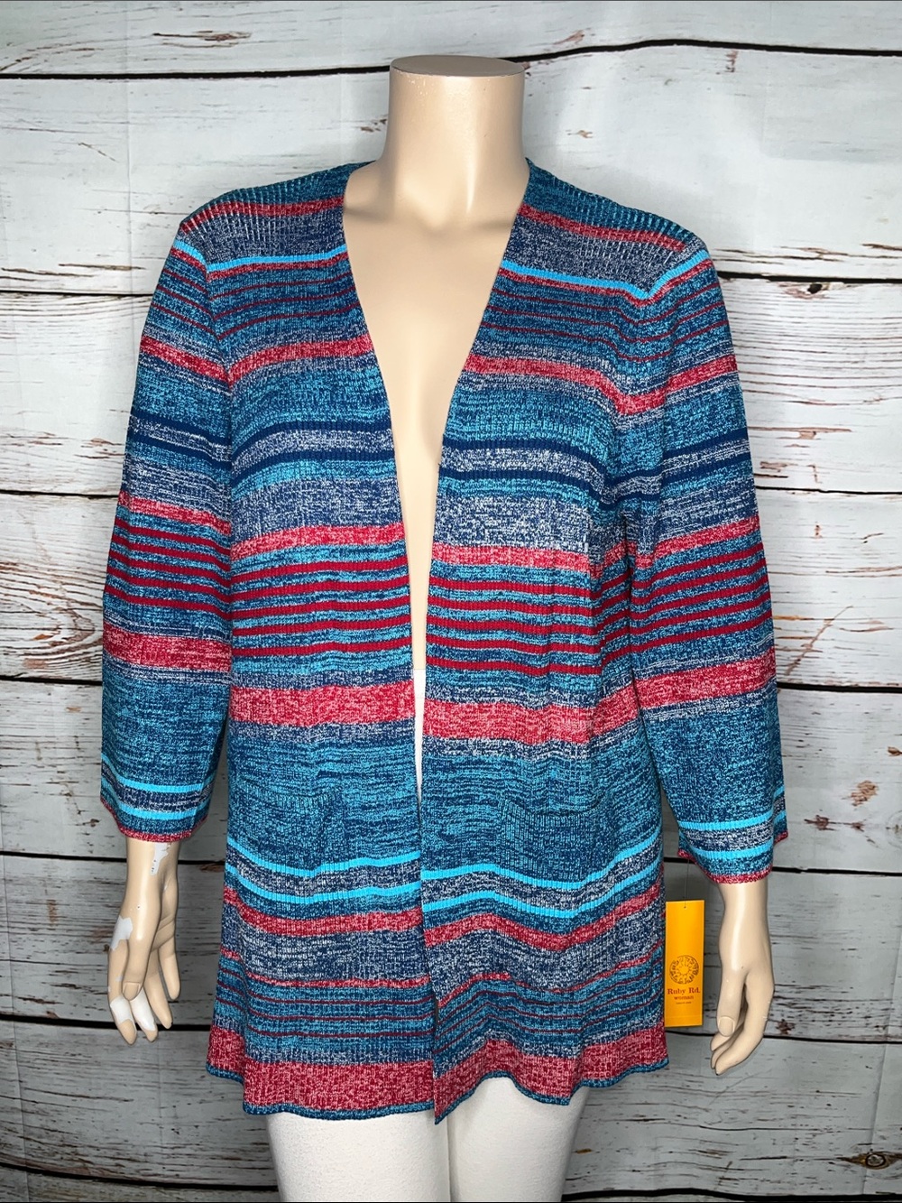 Ruby Rd. Woman NWT 2X Blue & Red Stripe Open Front Ribbed Knit Sweater Cardigan